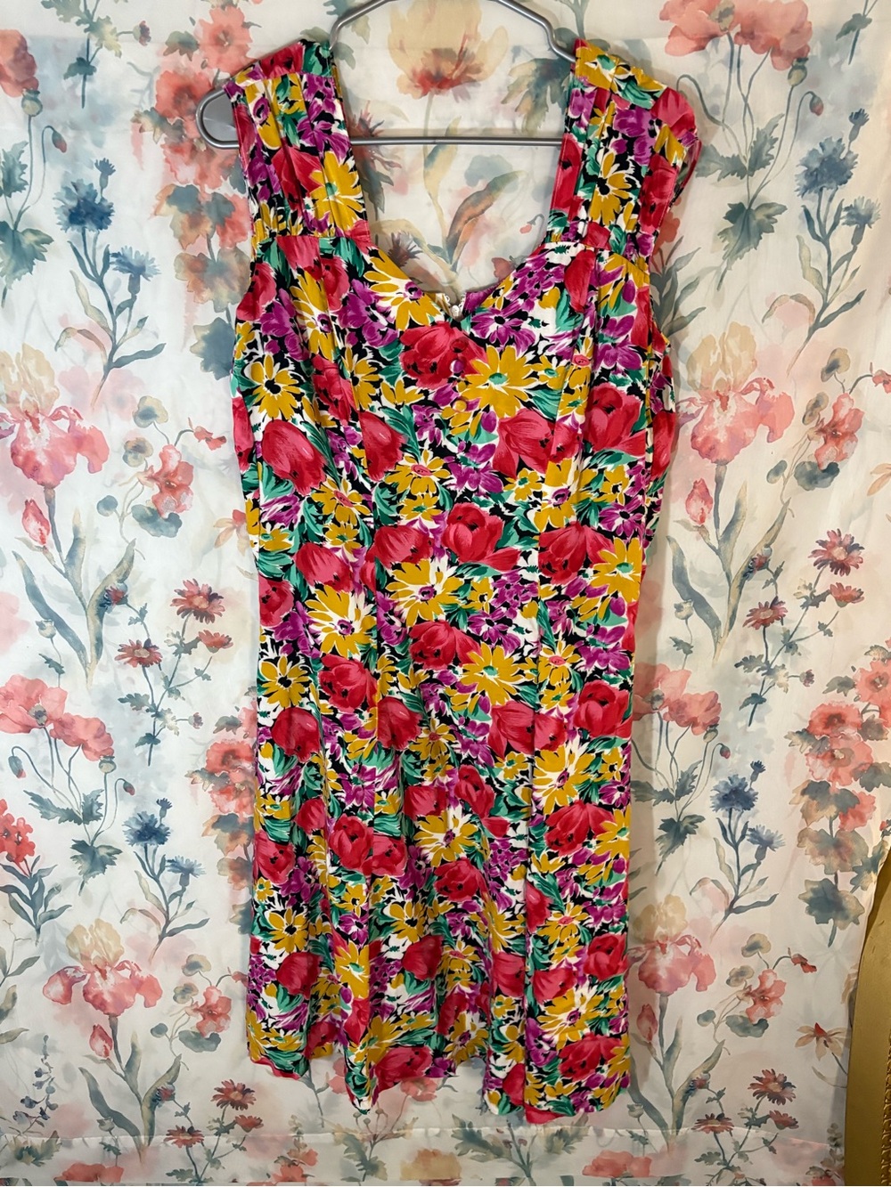 Vintage Floral Sleeveless Summer Dress - Pink, Yellow & Green